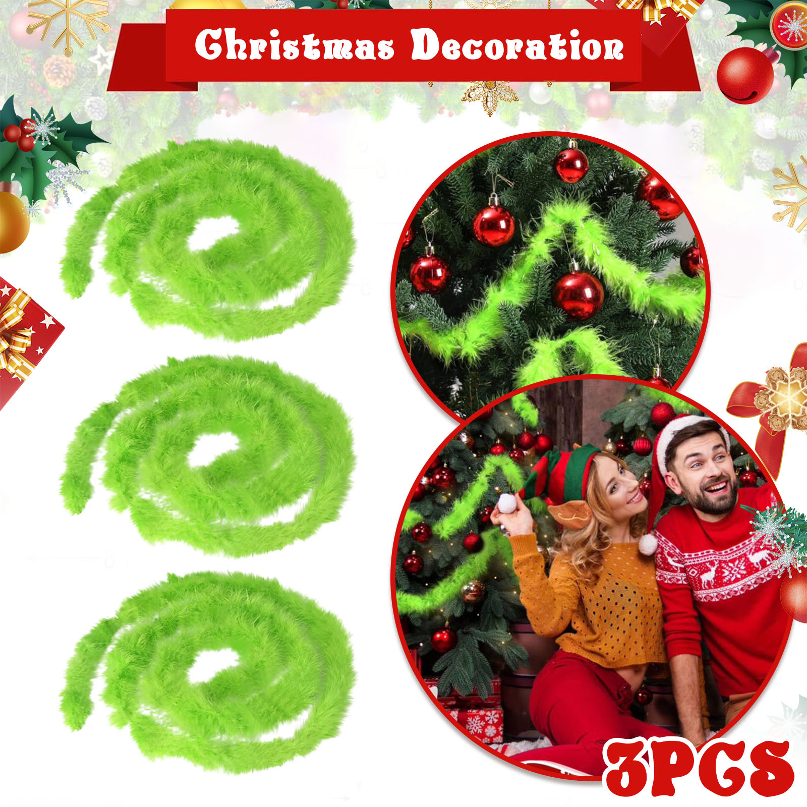 Tinsel Garland Decoration - Guirnalda navideña de 3 piezas, 20