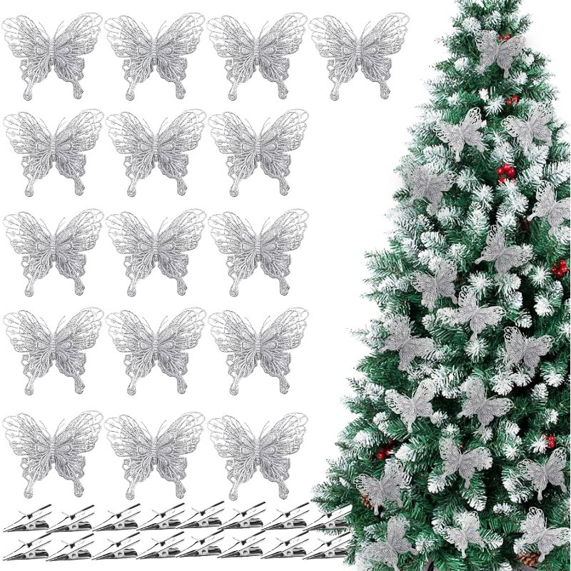 Christmas Wreath Fake - Adornos de Mariposas Plateadas con Purpurina,